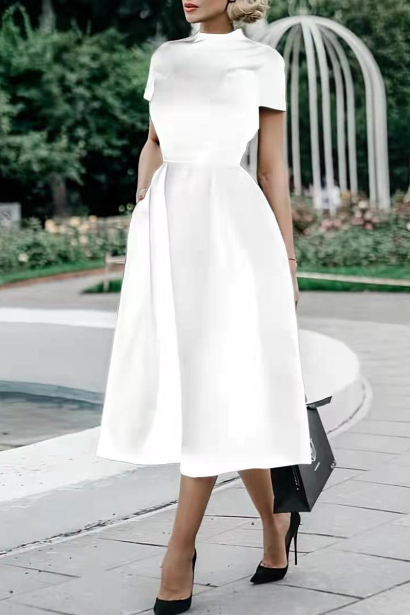Celebrities Color O Neck Waist Skirt Dresses(4 Colors)