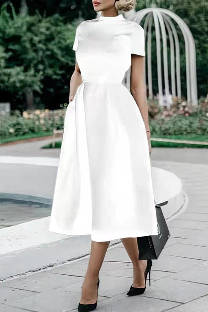 Celebrities Color O Neck Waist Skirt Dresses(4 Colors)