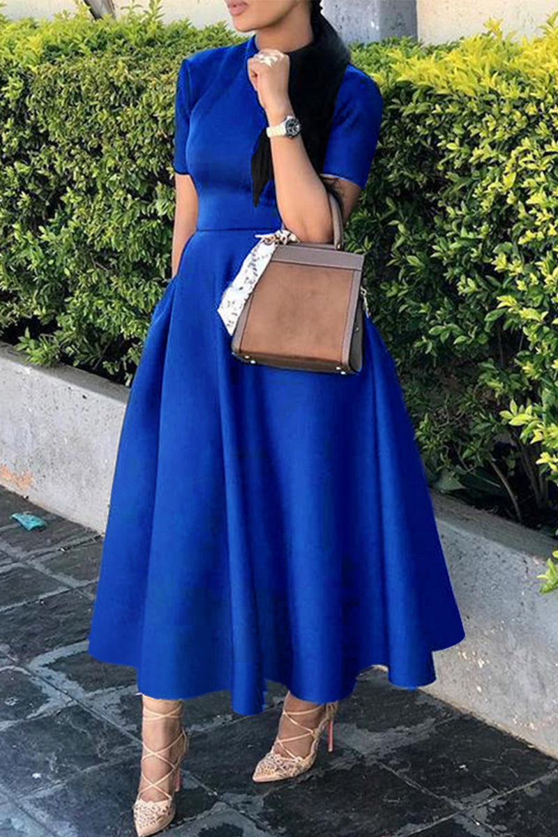 Celebrities Color O Neck Waist Skirt Dresses(4 Colors)