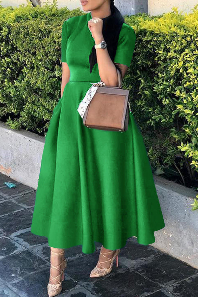 Celebrities Color O Neck Waist Skirt Dresses(4 Colors)