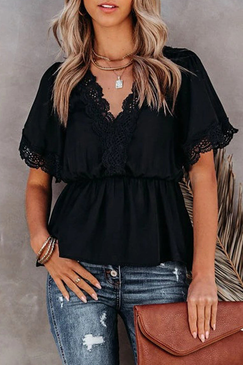 Patchwork V Neck Blouses(4 Colors)