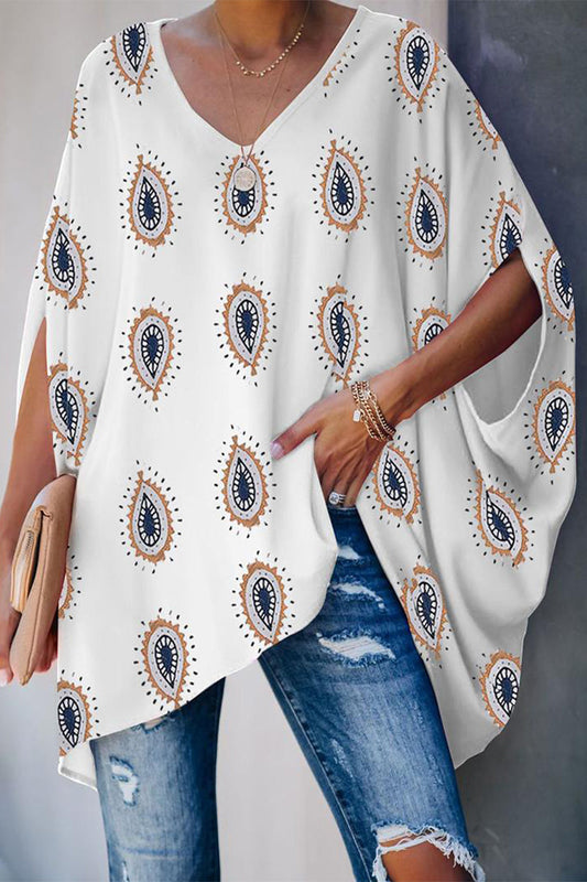 Street Print Contrast V Neck T-shirts(3 Colors)