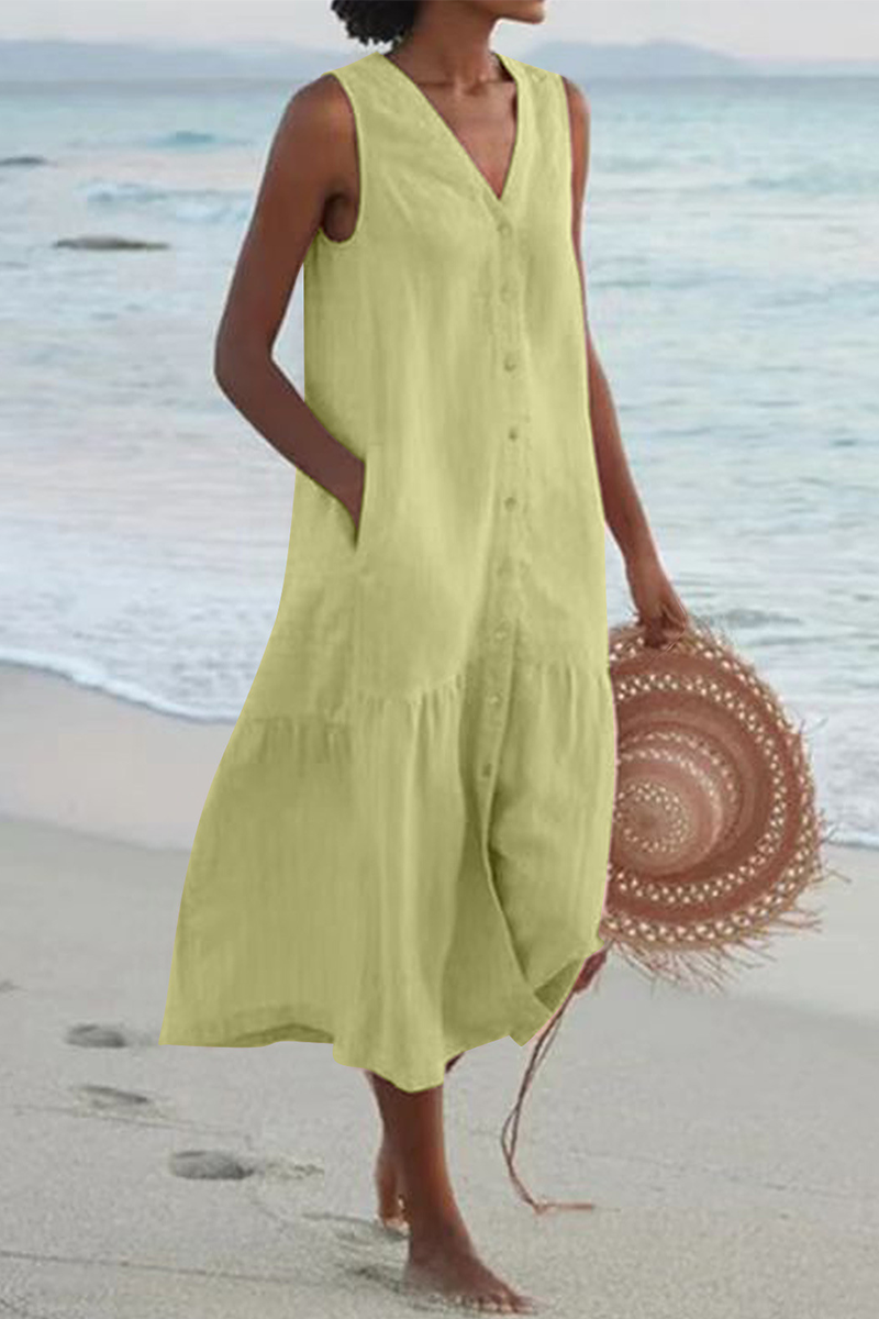 Buckle V Neck Cake Skirt Dresses