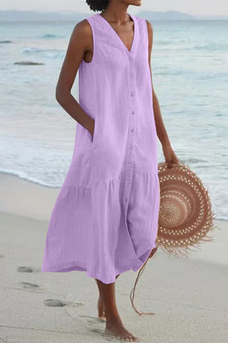 Buckle V Neck Cake Skirt Dresses