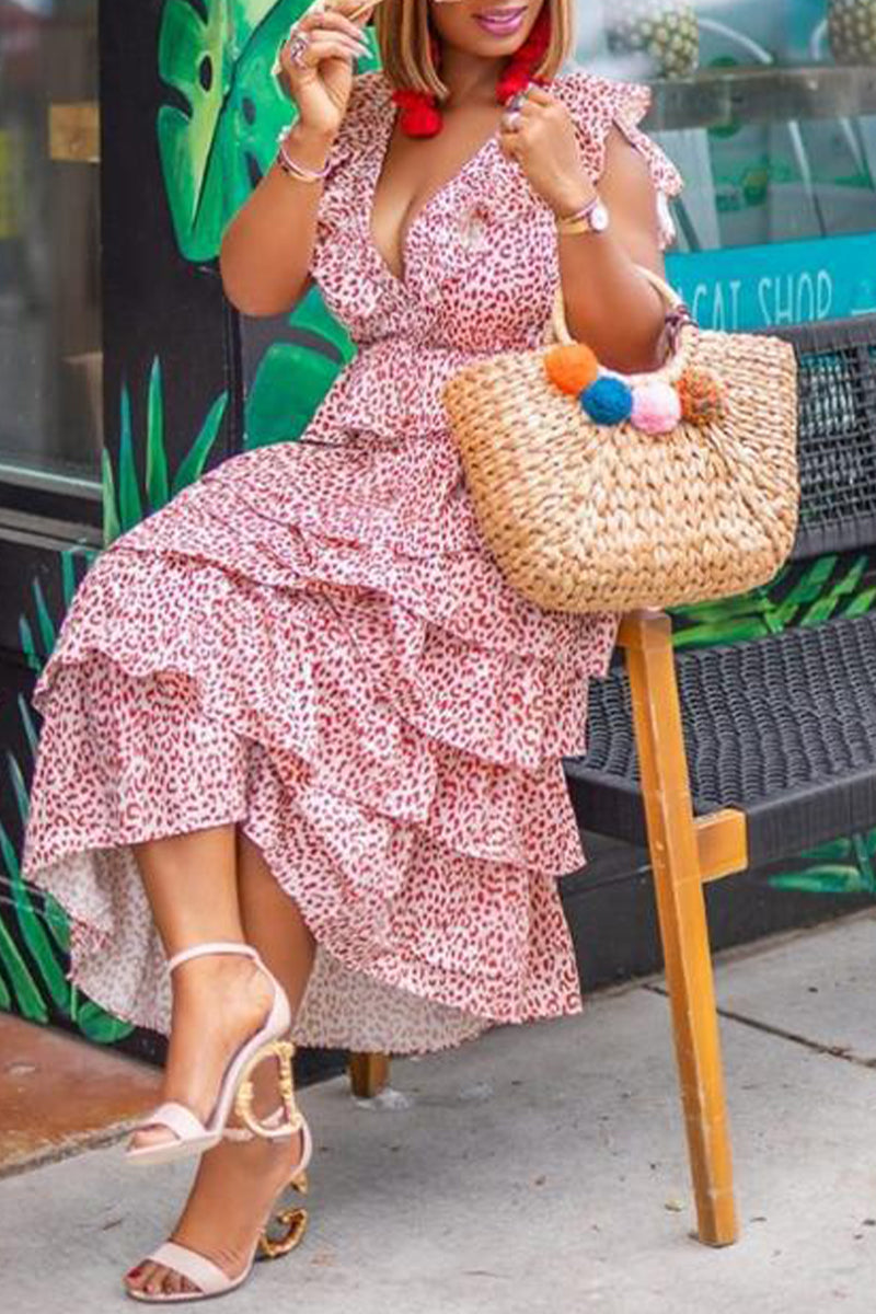 Vacation Print Patchwork V Neck Cake Skirt Dresses