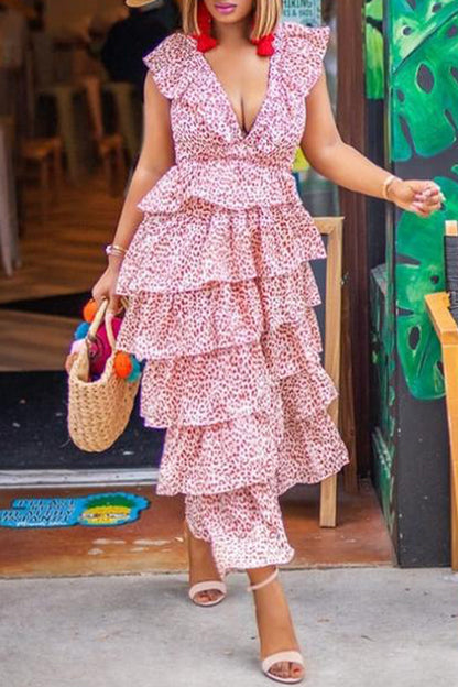 Vacation Print Patchwork V Neck Cake Skirt Dresses