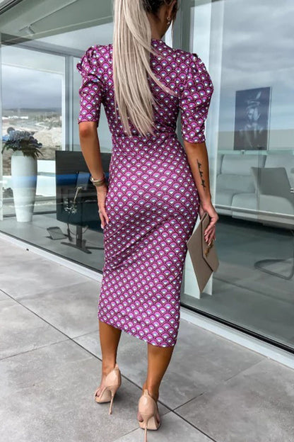 Work Print Patchwork V Neck One Step Skirt Dresses