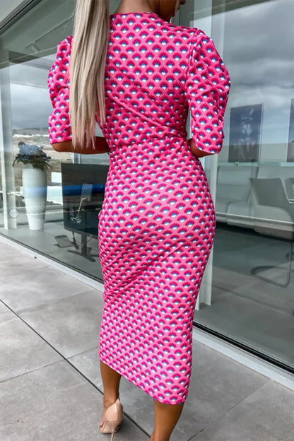 Work Print Patchwork V Neck One Step Skirt Dresses