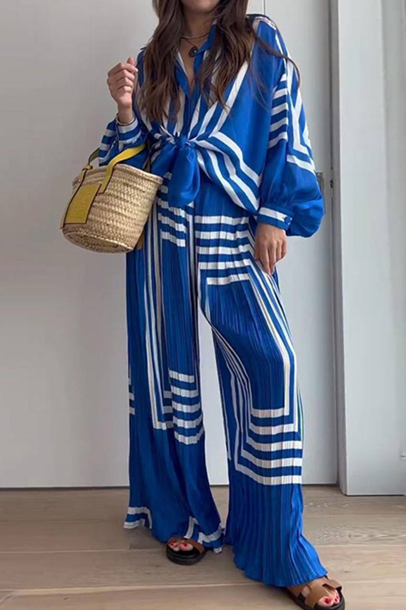 Striped Print Patchwork V Neck Long Sleeve Two Pieces