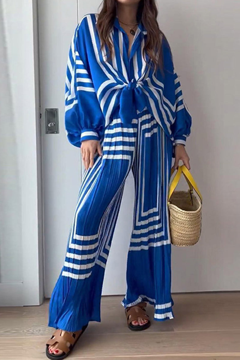 Striped Print Patchwork V Neck Long Sleeve Two Pieces