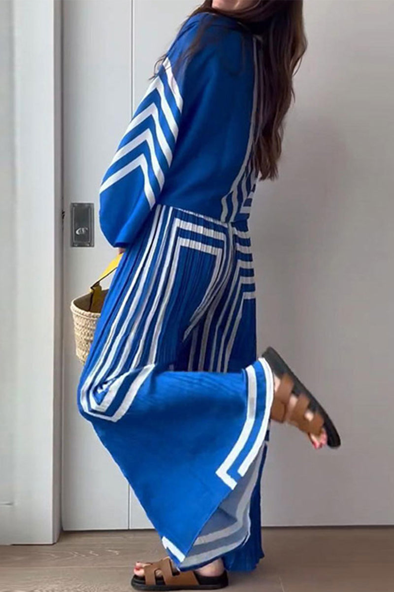 Striped Print Patchwork V Neck Long Sleeve Two Pieces
