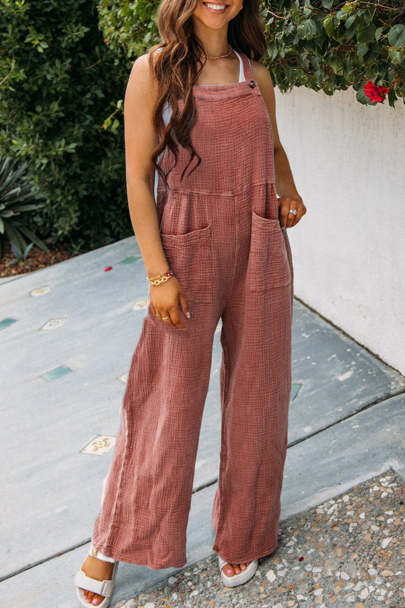 Daily Pocket Fold Square Collar Loose Jumpsuits(3 Colors)