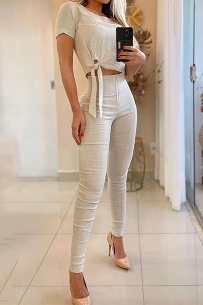 Daily Frenulum Zipper O Neck Short Sleeve Two Pieces
