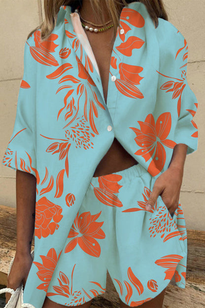 Patchwork Turndown Collar Short Sleeve Two Pieces