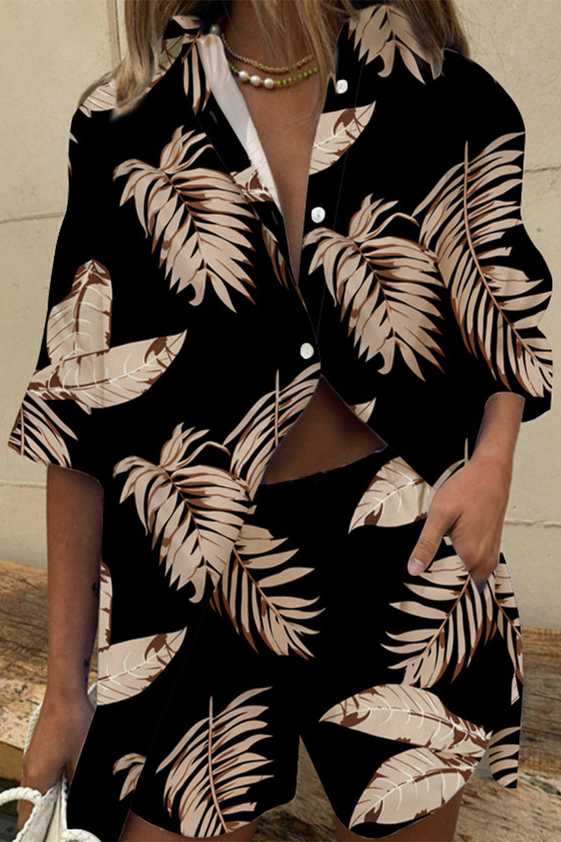 Patchwork Turndown Collar Short Sleeve Two Pieces