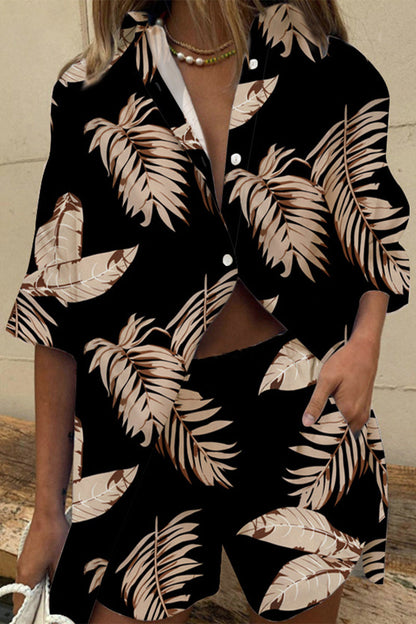 Patchwork Turndown Collar Short Sleeve Two Pieces