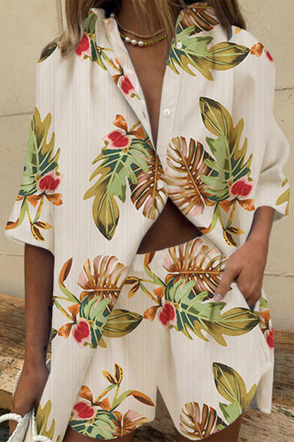 Patchwork Turndown Collar Short Sleeve Two Pieces