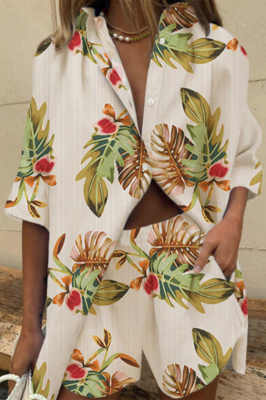 Patchwork Turndown Collar Short Sleeve Two Pieces