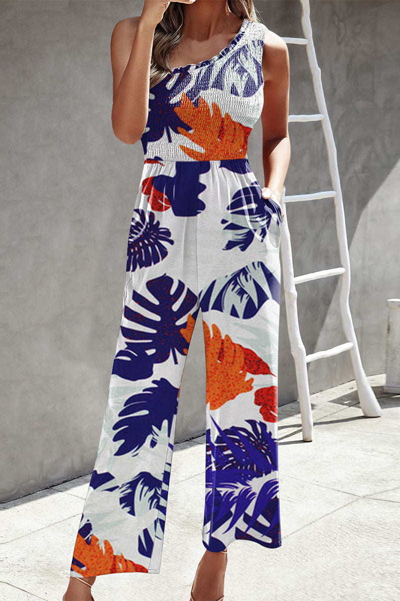 Print Patchwork Pocket Oblique Collar Loose Jumpsuits