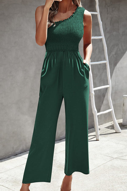 Print Patchwork Pocket Oblique Collar Loose Jumpsuits