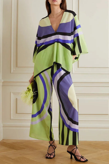 British Style Geometric Print Patchwork V Neck Nine Points Sleeve Two Pieces