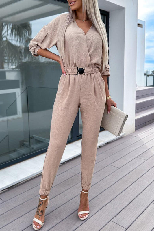 Sweet Simplicity Pocket With Belt V Neck Regular Jumpsuits