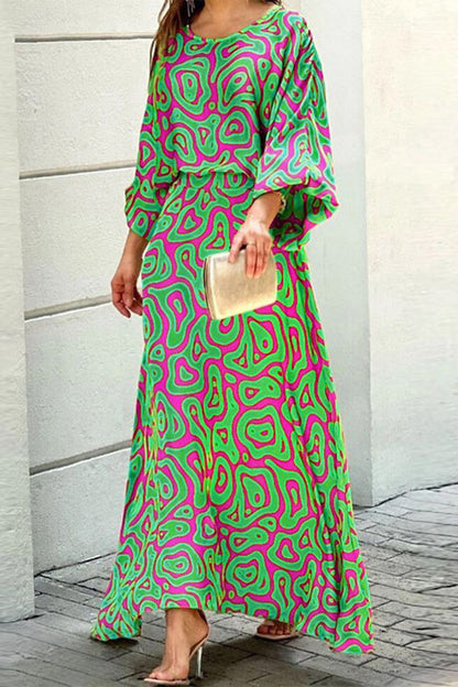 Street Geometric Patchwork O Neck Three Quarter Two Pieces