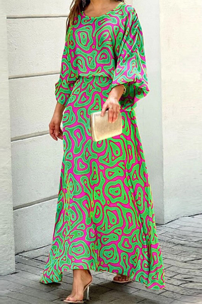 Street Geometric Patchwork O Neck Three Quarter Two Pieces