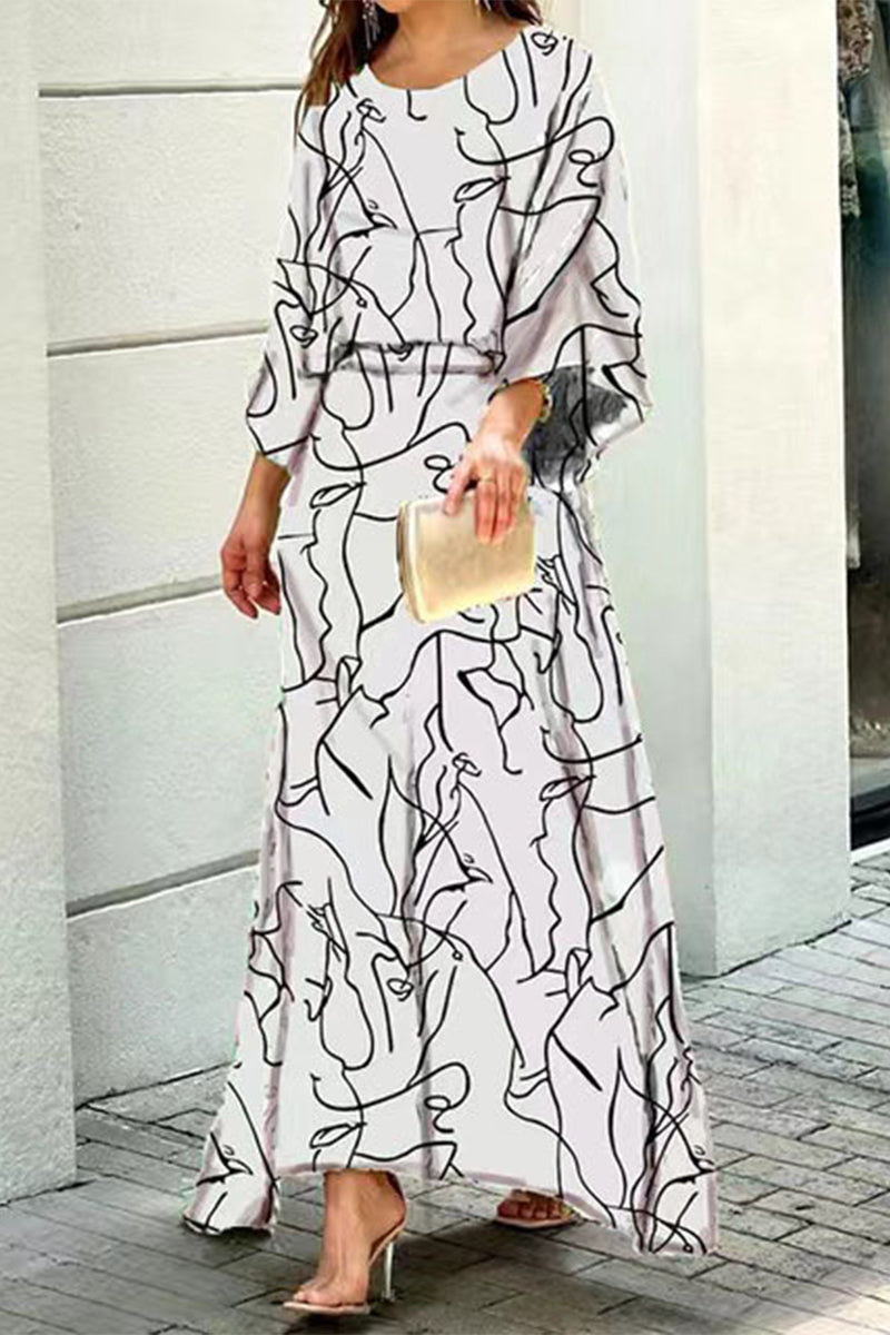 Street Geometric Patchwork O Neck Three Quarter Two Pieces