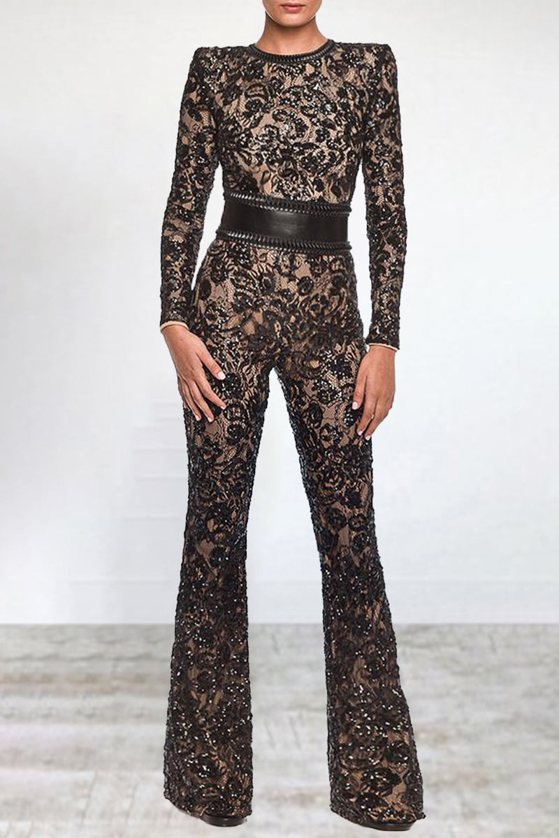 Celebrities Lace Patchwork With Belt O Neck Regular Jumpsuits