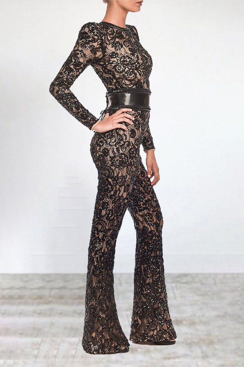 Celebrities Lace Patchwork With Belt O Neck Regular Jumpsuits
