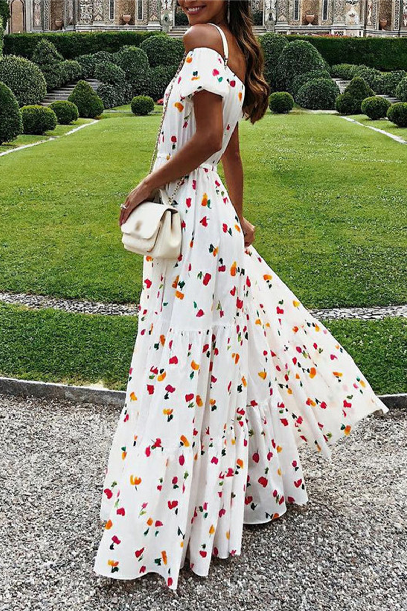 Print Patchwork Off the Shoulder Waist Skirt Dresses