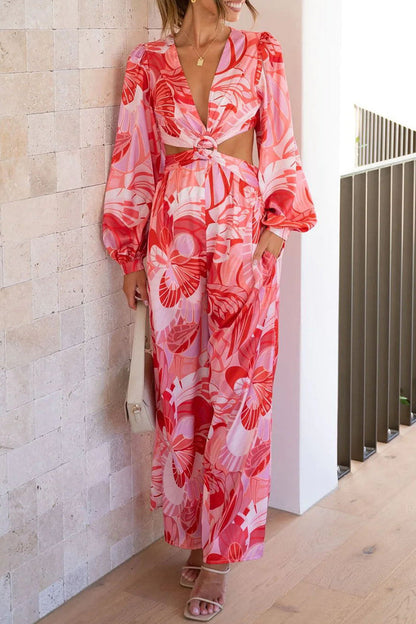 Sweet Print Patchwork V Neck Loose Jumpsuits