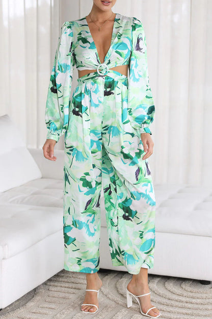 Sweet Print Patchwork V Neck Loose Jumpsuits
