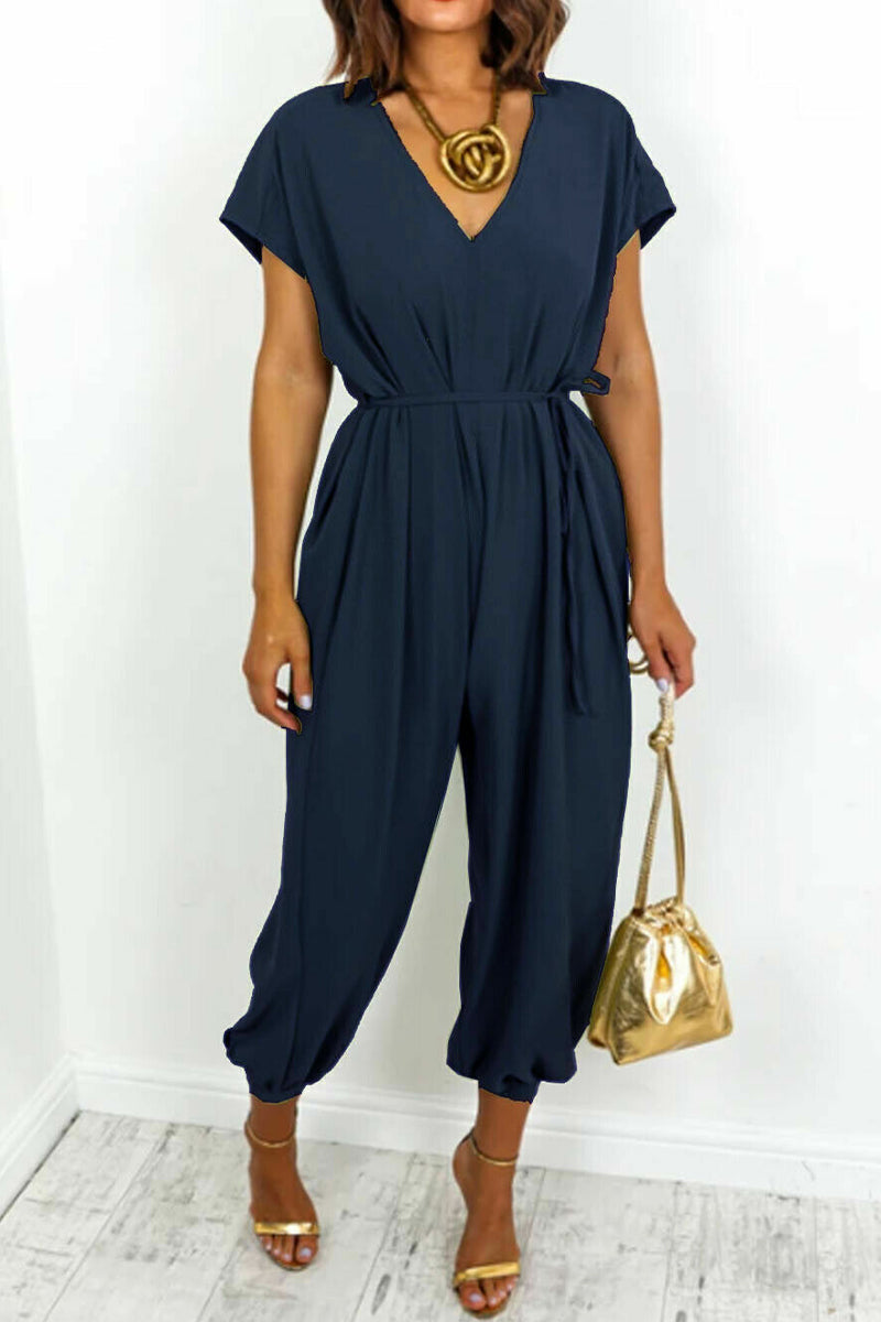 Simplicity Frenulum V Neck Loose Jumpsuits