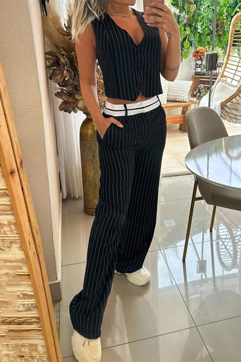 Work Striped Buckle V Neck Sleeveless Two Pieces