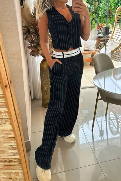 Work Striped Buckle V Neck Sleeveless Two Pieces