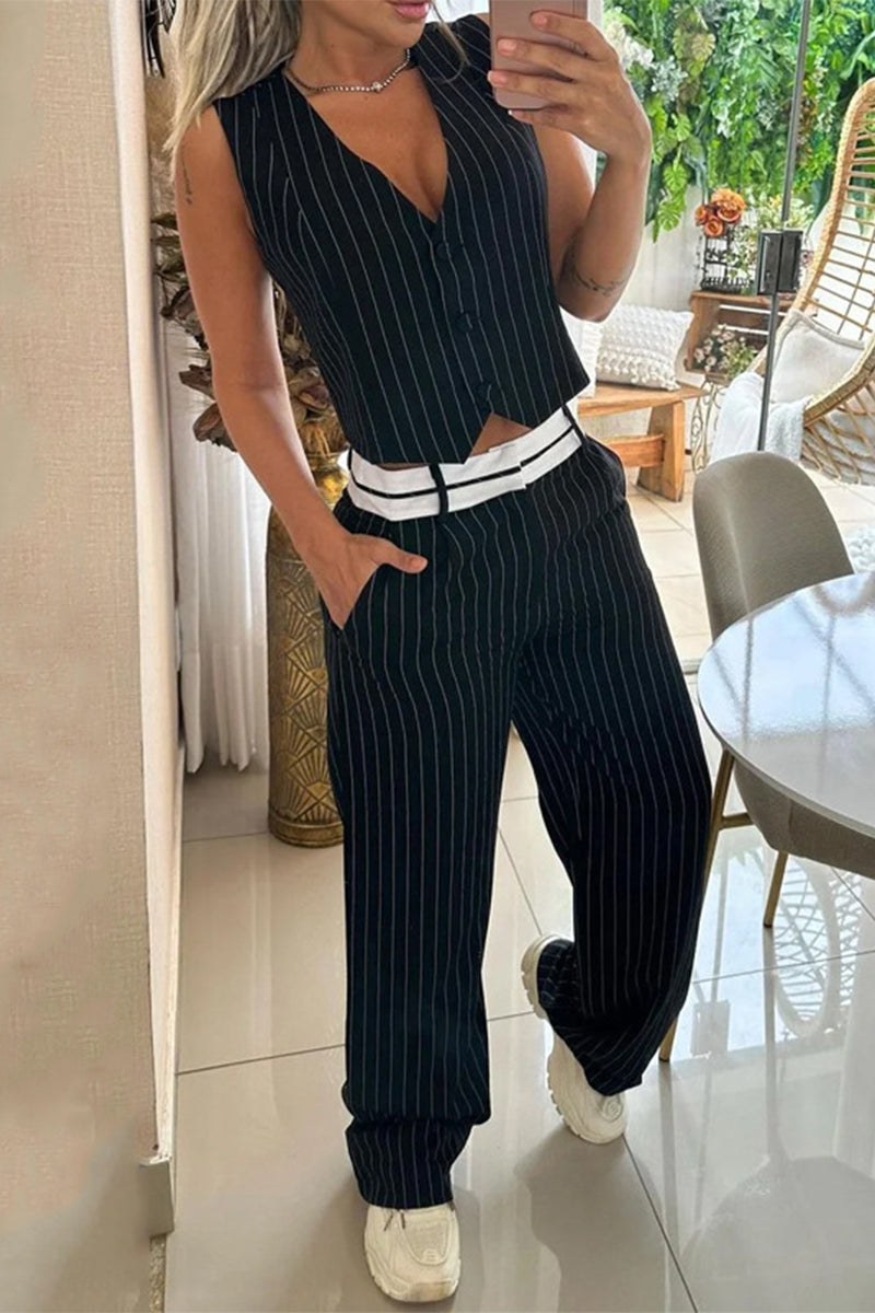 Work Striped Buckle V Neck Sleeveless Two Pieces