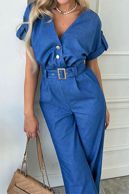 Work Street With Belt V Neck Regular Jumpsuits