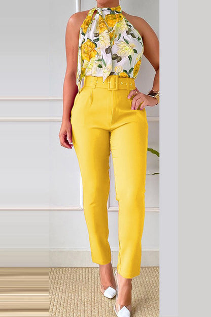 Print Patchwork O Neck Sleeveless Two Pieces