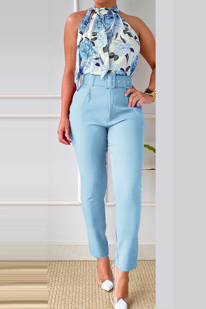 Print Patchwork O Neck Sleeveless Two Pieces