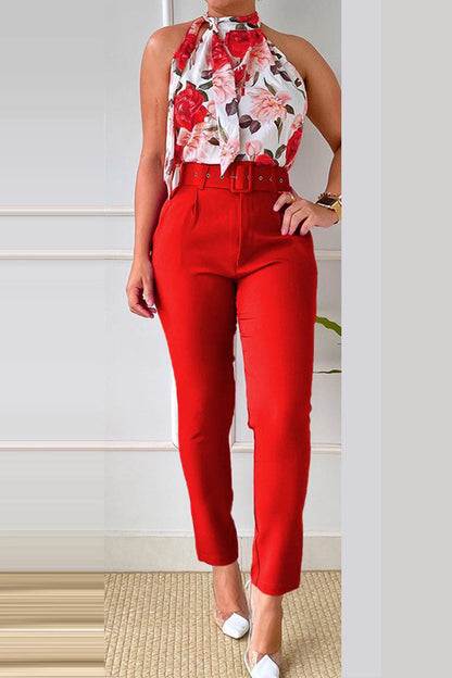 Print Patchwork O Neck Sleeveless Two Pieces