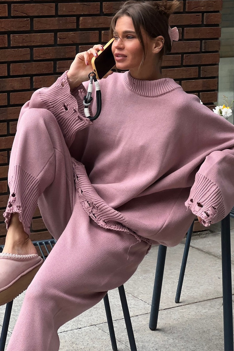 Distressed Knit Crew Neck Sweater Two Piece Set
