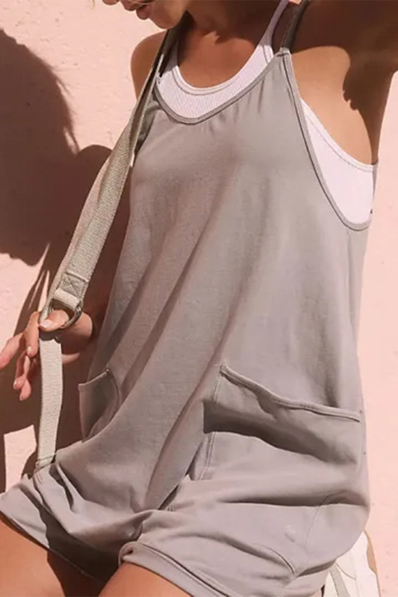 Simplicity Pocket V Neck Loose Rompers