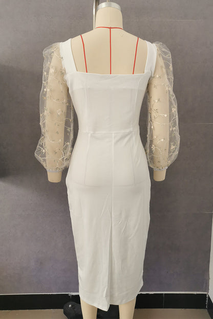 Embroidered Square Collar Wrapped Skirt Dresses
