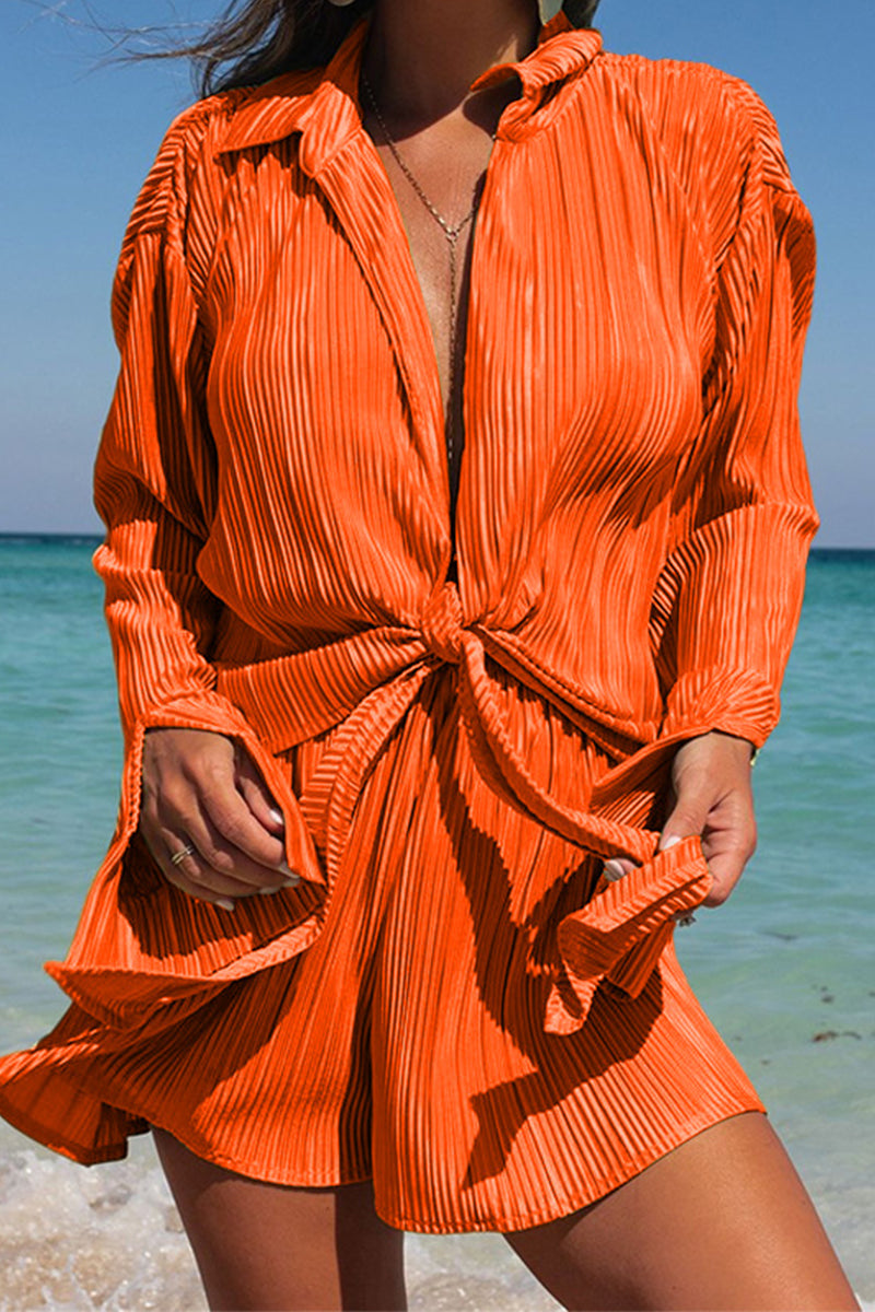 Vacation Patchwork Turndown Collar Long Sleeve Two Pieces
