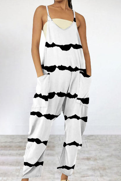 Print Patchwork Pocket V Neck Loose Jumpsuits