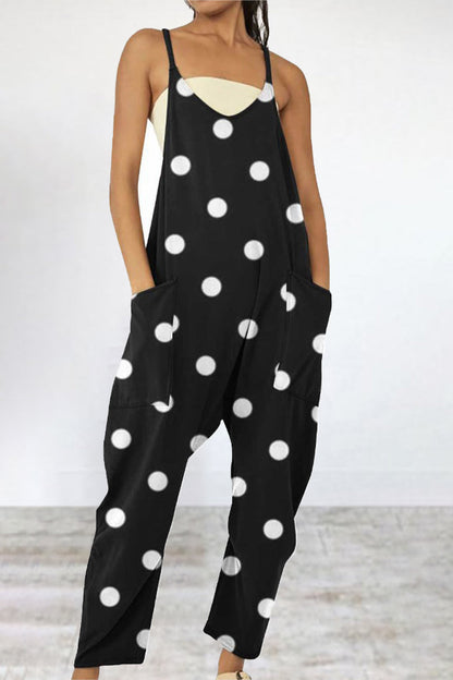 Print Patchwork Pocket V Neck Loose Jumpsuits