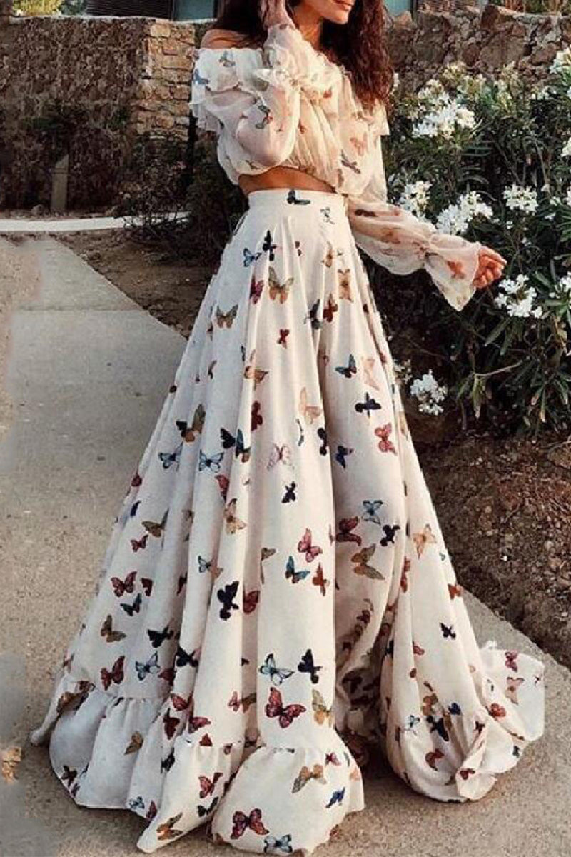 Vacation Butterfly Patchwork Off the Shoulder Long Sleeve Two Pieces
