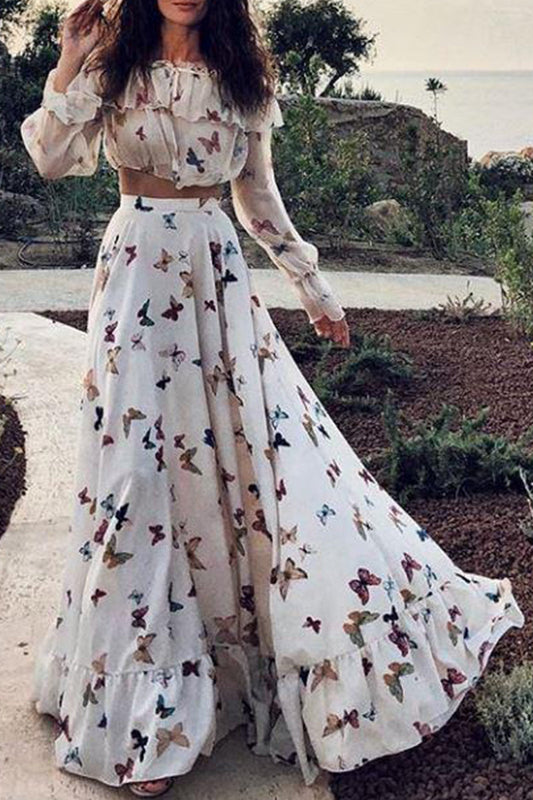 Vacation Butterfly Patchwork Off the Shoulder Long Sleeve Two Pieces